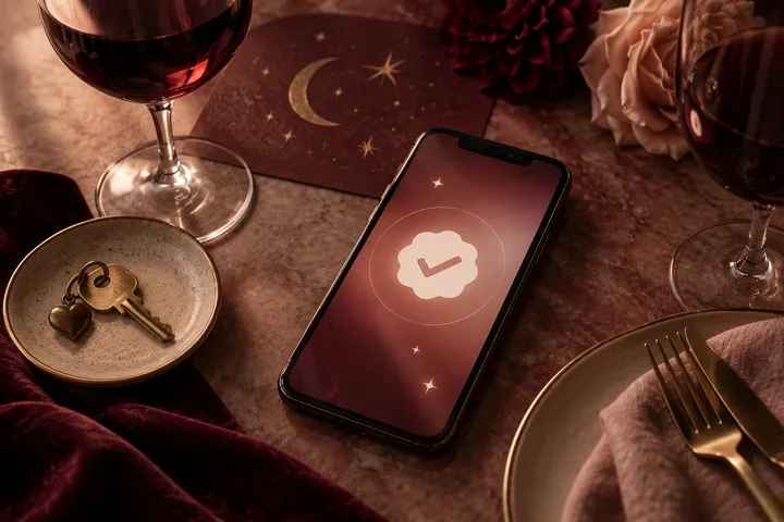 A smartphone displaying a checkmark badge sits on a table with wine glasses, a plate of keys including a heart-shaped keychain, silverware, flowers, and a card showing a crescent moon and stars.