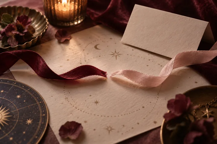 A cream paper chart with small celestial symbols lies between flowing burgundy and blush ribbons, with a blank folded card, candle, flowers, and a partial circular star chart nearby.
