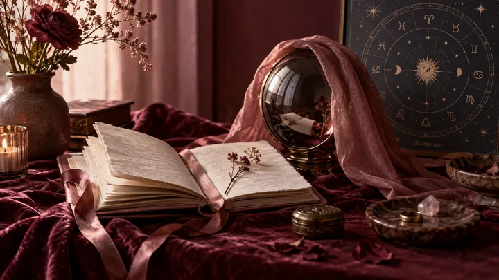 Burgundy cloth, an open journal, a crystal sphere, flowers, and an illustrative zodiac wheel arranged as an intimate astrology still life.