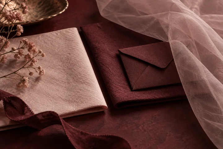Blank blush paper and sealed burgundy envelopes beside sheer fabric, evoking a private message and a protected boundary.
