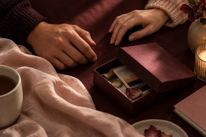 Two people reach toward an open keepsake box on burgundy fabric, suggesting shared trust and the choice of what to disclose.