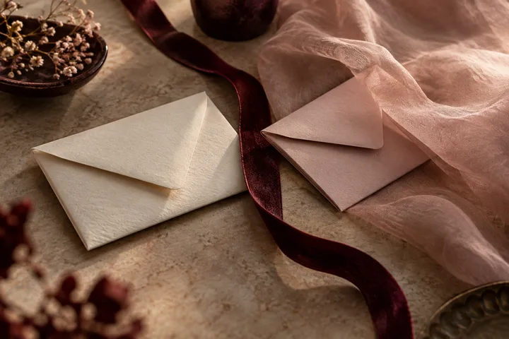 A cream envelope and a blush envelope rest apart on a table with a burgundy ribbon, illustrating separate confidences and shared communication.