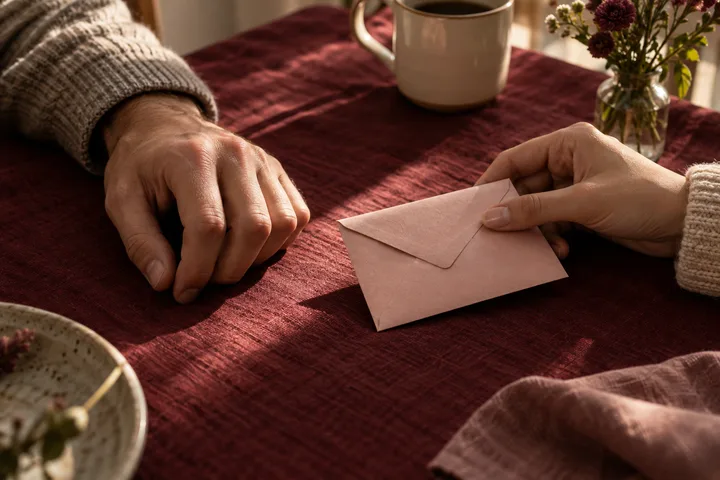 A hand offers a blush envelope across a burgundy table toward another hand, with coffee and flowers nearby, suggesting a direct relationship conversation.