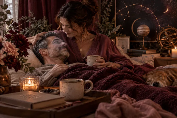A couple rests together in bed with mugs and a sleeping dog, while an illustrative celestial display glows behind them.