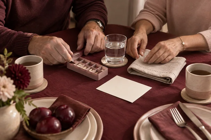 Two people sit at a burgundy table beside a pill organizer, water glass, folded cloth, and cups.