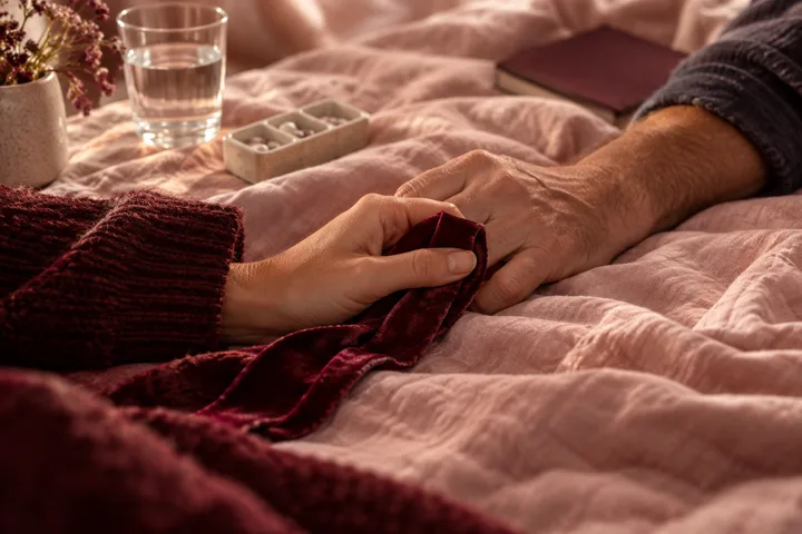 One person holds another person's hand over a burgundy cloth on a softly lit bed, with a pill organizer nearby.