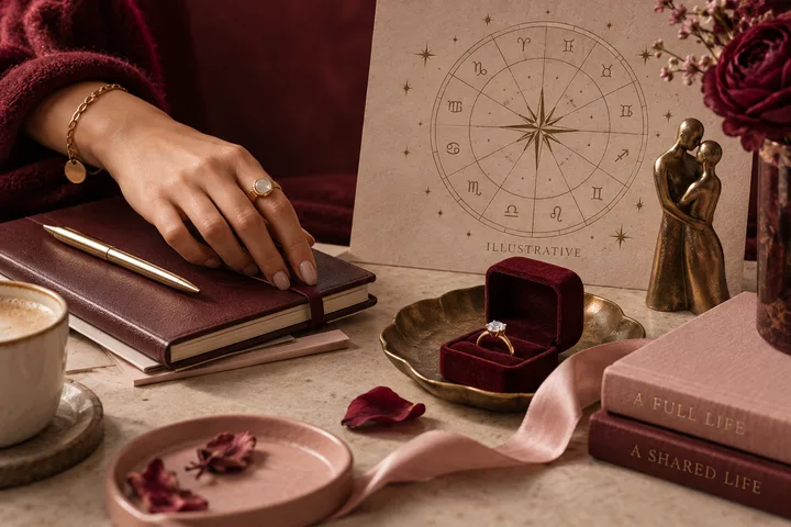 Burgundy still life with an open journal, wedding ring, and illustrated star chart beside a closed office key, symbolizing a choice between partnership and financial dependence.