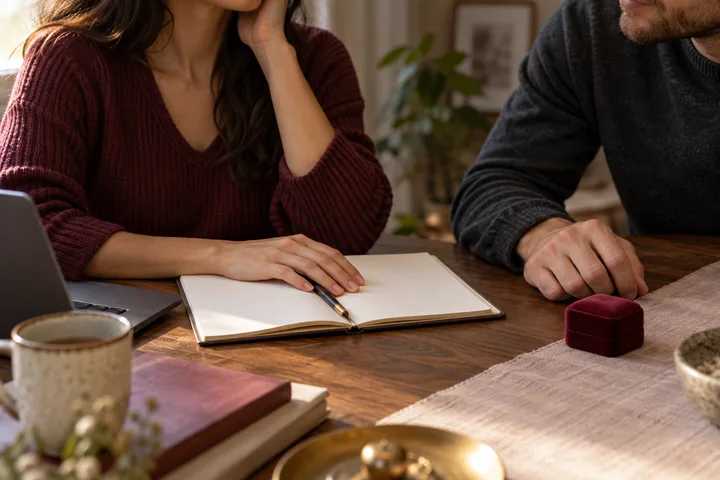 Two people sit at a table with an open notebook, pen, laptop, coffee cups, and a small ring box, suggesting a serious conversation about a shared future.