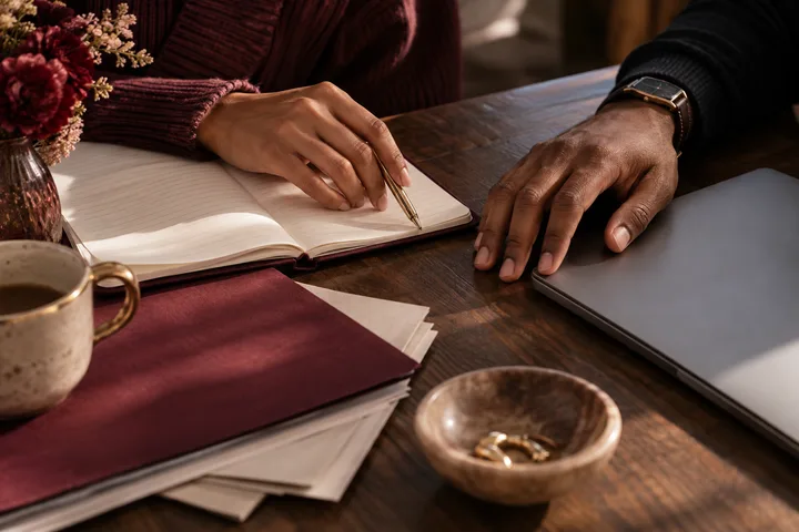 Close-up of two hands beside an open lined notebook, pen, laptop, coffee cup, flowers, and rings on a wooden table during a relationship conversation.