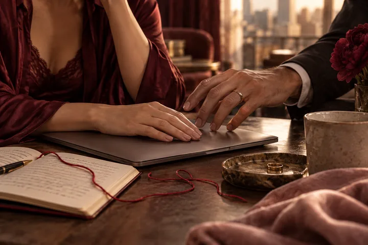 Two people reach toward one another across a closed laptop, with an open handwritten notebook, pen, flowers, and rings in the foreground.