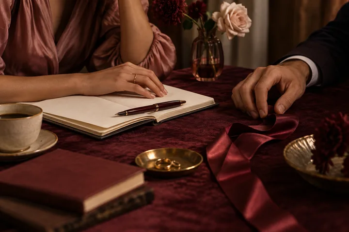 Two people sit across an open blank notebook with a pen between them; coffee, flowers, and rings frame the table as they discuss an agreement.
