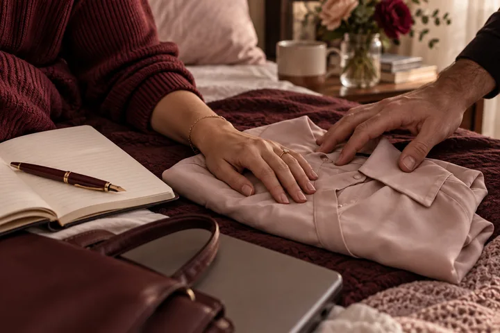 A woman’s open notebook and pen lie beside a folded blush shirt, laptop, belt, and another person’s hand on a burgundy bedspread.