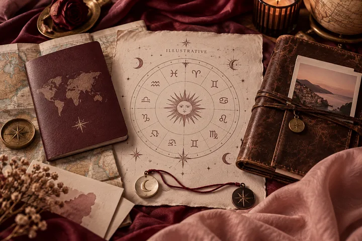 A burgundy passport, world map, travel journal, and illustrative zodiac chart arranged in an intimate editorial still life.