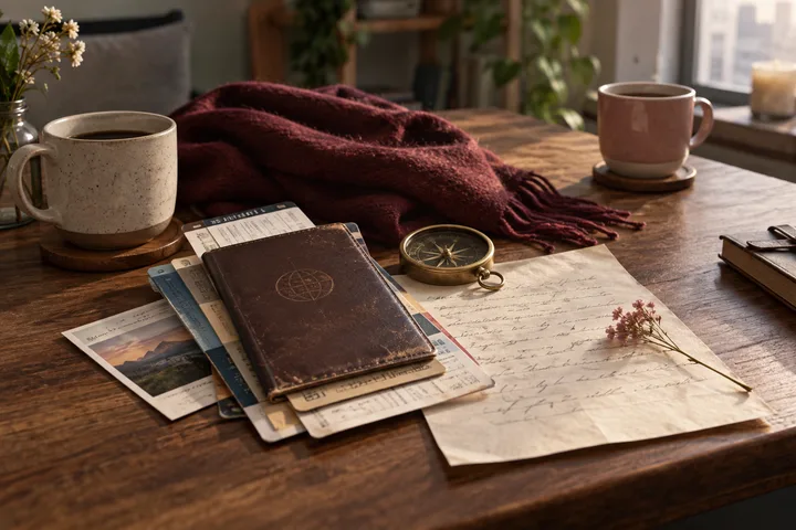 Travel papers, a compass, a handwritten letter, and a burgundy journal arranged on a wooden table beside two coffee cups.