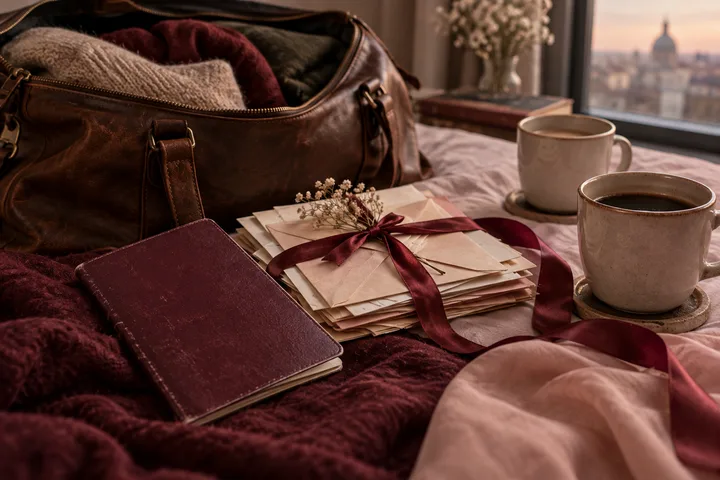 An open travel bag, handwritten letters tied with a burgundy ribbon, and two coffee cups arranged on a blush bedspread.
