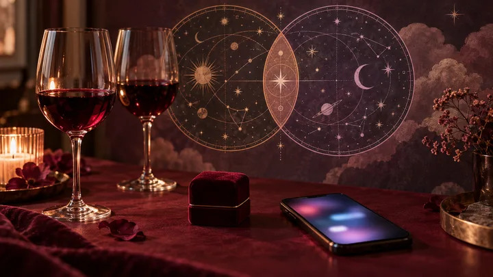 Burgundy editorial still life with two wine glasses, a velvet ring box, a glowing phone, and overlapping illustrative synastry charts, evoking intimacy alongside secrecy.