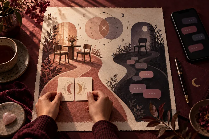 Illustrative editorial scene showing matching promise cards and a shared path on one side, contrasted with a darker parallel path of abstract private messages.