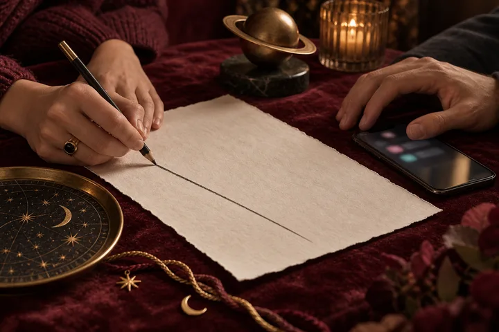 Close-up of a hand drawing a clear boundary line on textured paper beside a softly glowing phone, with a brass Saturn-like object and illustrative celestial details on burgundy velvet.