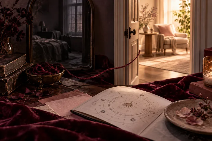 An intimate burgundy still life contrasts a dark familiar room with a warmly lit open room, joined by a red thread beside an illustrative astrology chart.
