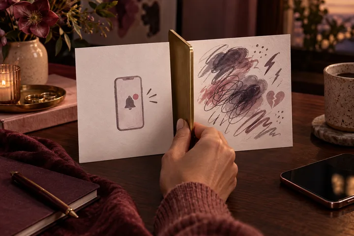 A brass divider separates a phone notification symbol from abstract stormy marks on two paper cards, representing present facts apart from inherited fear.