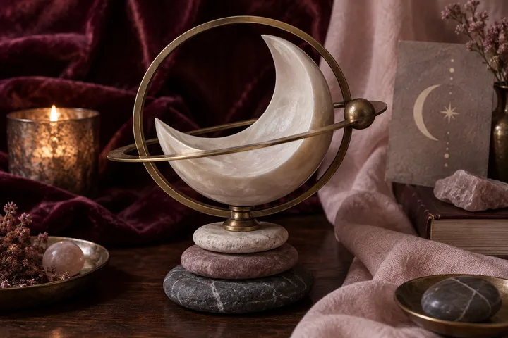 A luminous ceramic crescent moon sits within antique brass rings above stacked stones, evoking Moon–Saturn emotional restraint and steadiness.