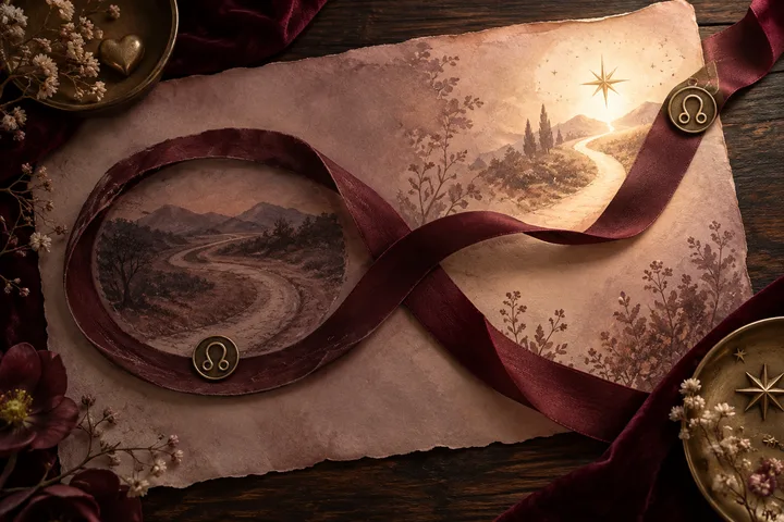 Burgundy ribbons trace a worn looping path and a brighter road toward a star, symbolizing familiar South Node pull versus growth.