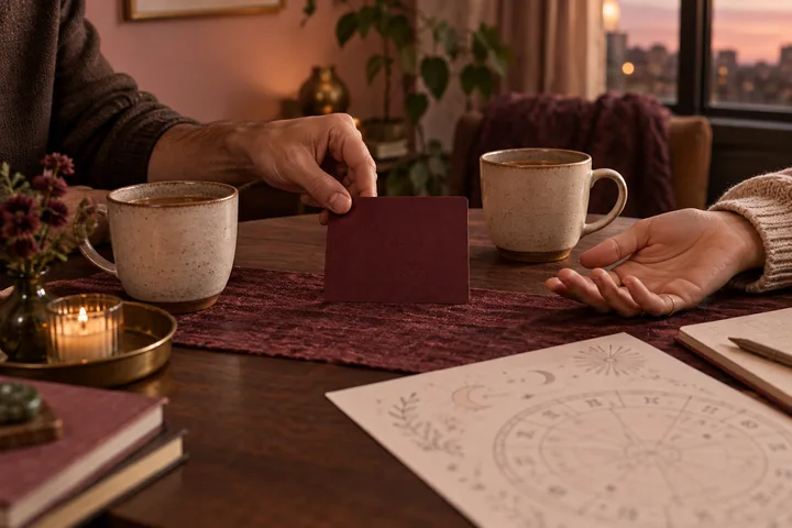 Two ceramic cups face each other across a burgundy table as a blank card is placed between open hands, evoking a clear boundary conversation.
