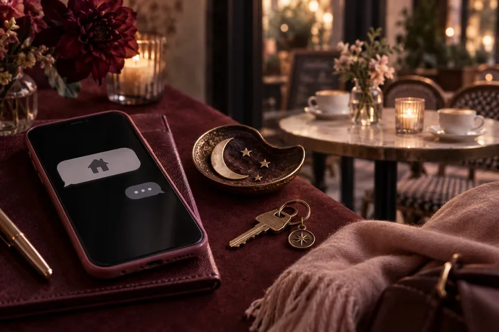 A phone on a burgundy table displays a house icon and a three-dot message bubble beside keys, a crescent-and-stars dish, flowers, and candlelit tables.