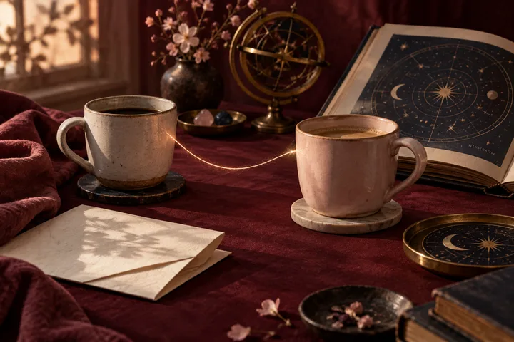 Two ceramic cups linked by a thread of warm light beside an illustrative celestial chart on a burgundy editorial still life