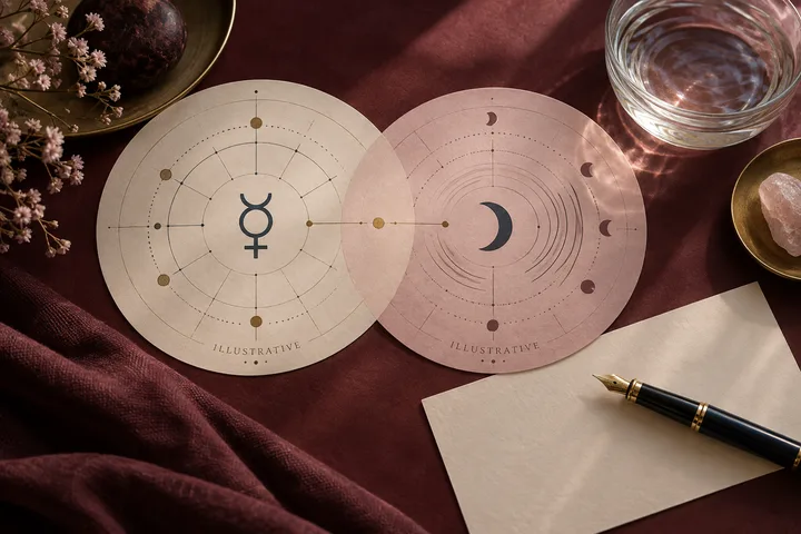 Overlapping cream and blush illustrative Mercury and Moon chart circles connected by a brass line beside a pen and water bowl