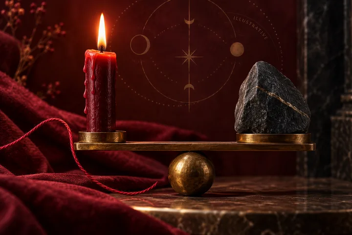 A glowing burgundy candle and a dark stone balanced on a brass beam with red thread and an illustrative celestial motif
