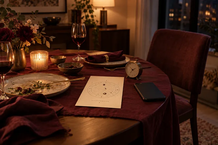 An intimate dinner table for two with one empty chair, a face-down phone, and an illustrative chart card in warm burgundy light