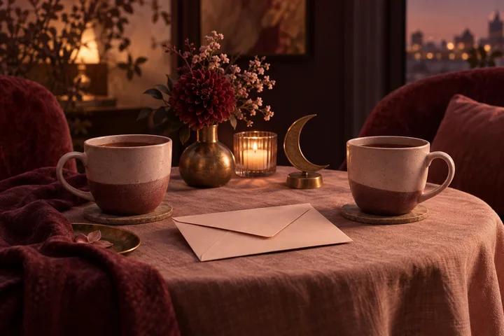 Two ceramic mugs and a sealed envelope sit on a draped table beside flowers, a lit candle, and a crescent-shaped ornament.