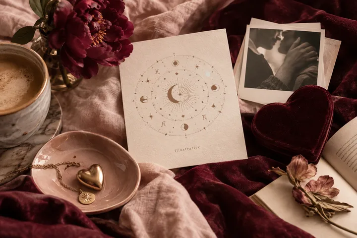 A still life with burgundy flowers, a coffee cup, a circular moon-and-star chart marked ‘illustrative,’ a small photo of two people embracing, a velvet heart, jewelry, and an open book on blush and burgundy fabric.