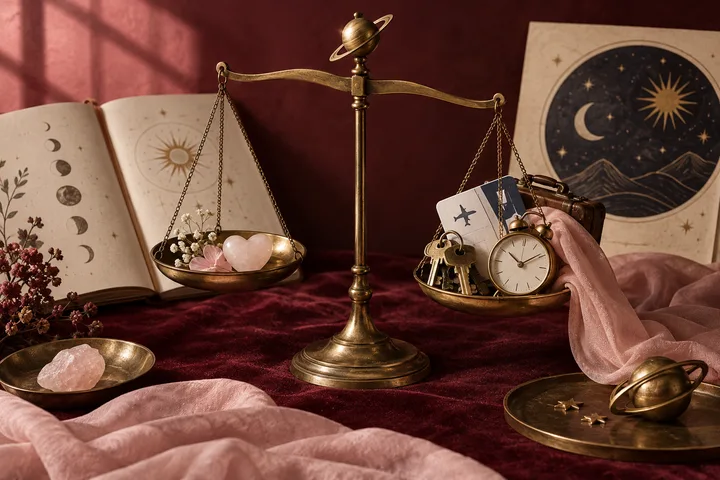Brass balance scale on burgundy velvet, with a blush heart on one side and travel keys, a clock, and a suitcase on the other, framed by illustrative astrology artwork.