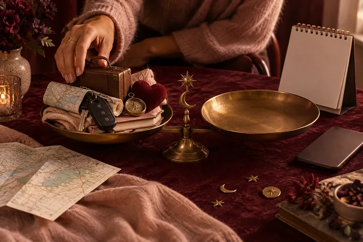 A loaded brass balance tray holds a suitcase, map, keys, and clock while the matching tray is empty, illustrating one-sided relationship effort.