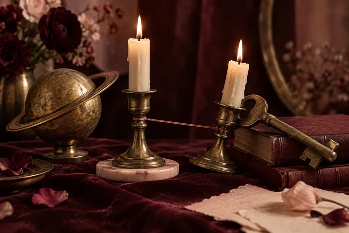 Two candleholders linked by a red thread, one steady and one pulled down by a brass key, beside a ringed planet ornament.
