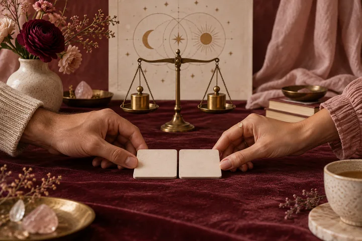 Two hands slide blank calendar tiles together at the center of a burgundy table, with equal brass weights and illustrative synastry artwork behind them.