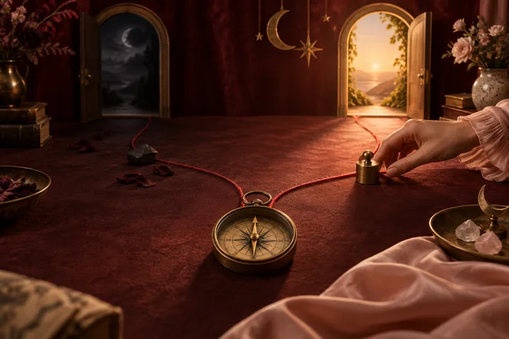 A brass compass anchors two red threads leading toward separate doorways, one warmly lit and one shadowed, representing a relationship decision.