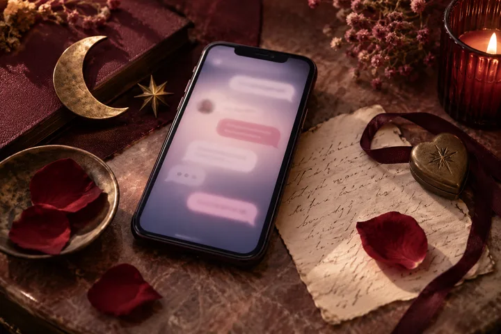 A phone with blurred message bubbles lies among a crescent moon, star ornaments, rose petals, a candle, and a handwritten note.