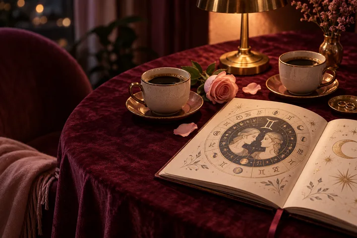 Burgundy velvet table with two coffee cups, a blush rose, and an illustrative Gemini zodiac journal under warm lamplight.