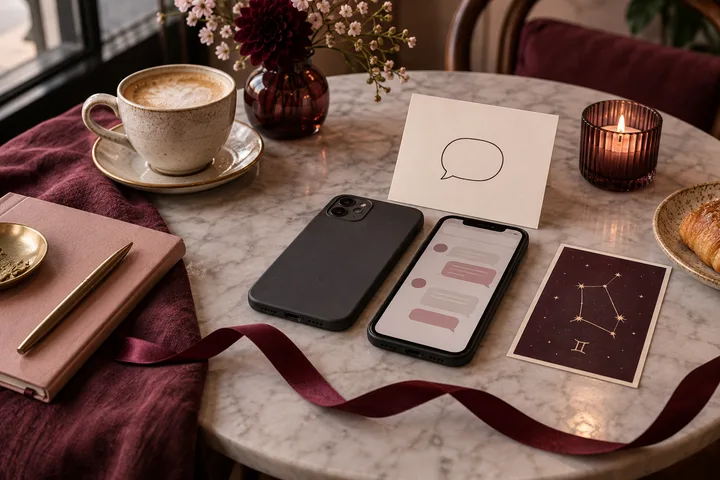 A blank speech-bubble card beside two phones, a burgundy ribbon, and a generic illustrative Gemini constellation card on a cafe table.