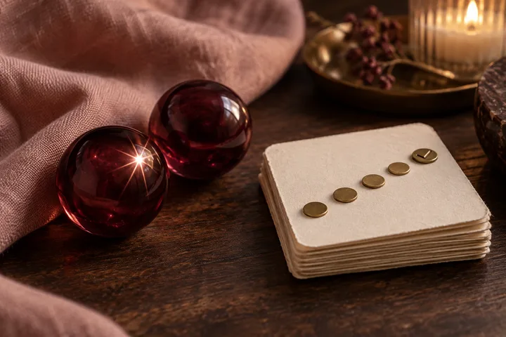 Two burgundy glass spheres and a measured path of brass tokens on blank cards, contrasting a bright spark with steady repeated actions.