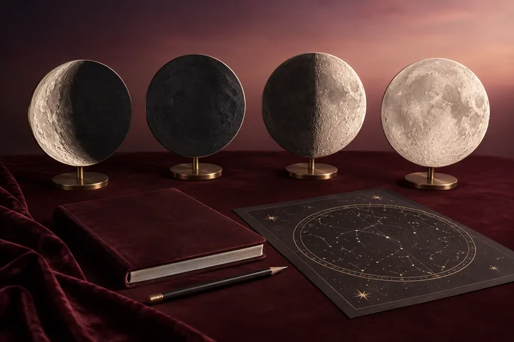 Four sculptural moon phases arranged on burgundy velvet beside a blank notebook, pencil, and generic illustrative star map.