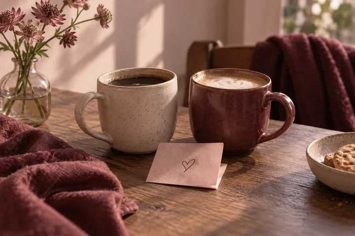 Two mugs sit beside a folded note marked with a heart, with flowers, a burgundy blanket, and a plate of cookies on the table.