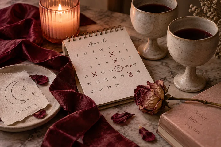 Still life with a calendar marked on several April dates, a lit candle, two goblets of dark red liquid, a dried rose, and burgundy ribbon.