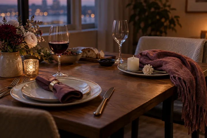 Dining table set with plates, cutlery, flowers, a lit candle, one full and one empty wine glass, and a burgundy throw over a chair.