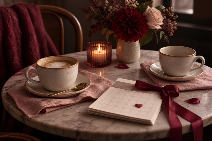 Round table with two coffee cups, a lit candle, flowers, a blank calendar tied with burgundy ribbon, and scattered rose petals.