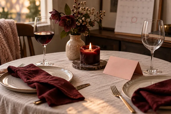Table setting with two wine glasses, a lit red candle, flowers, plates, burgundy napkins, and a blank folded card.