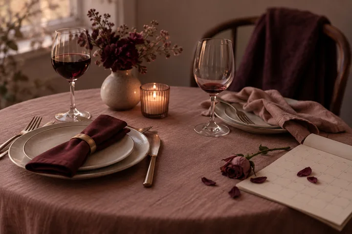 Table setting with two wine glasses, a lit candle, flowers, plates, burgundy napkins, a rose, and a calendar.